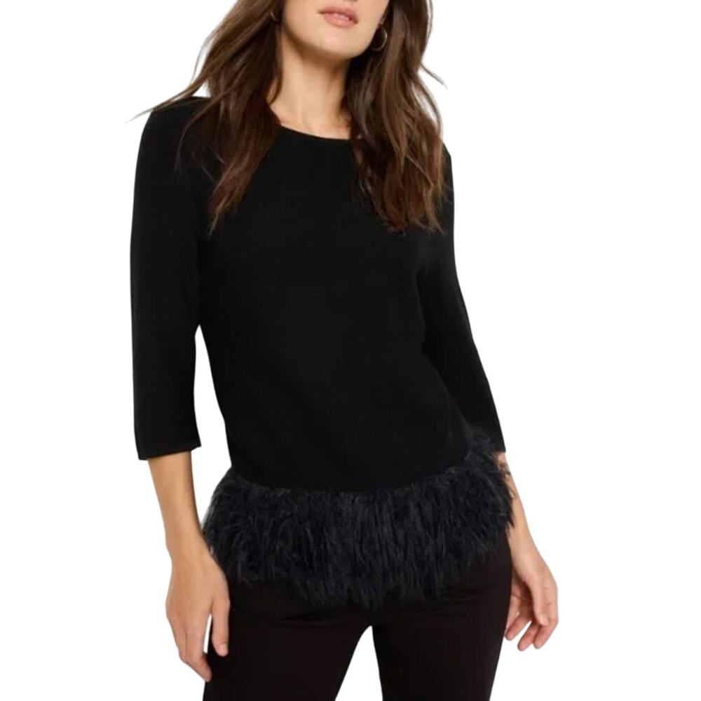 NIC+ZOE $168 feather fringe sweater black onyx Size L